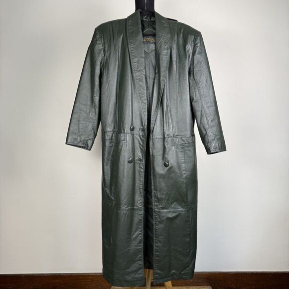 Vintage Leather Trench by Fitz Wright, Dark Green Longline 90s Matrix Style Coat - Picture 10 of 15